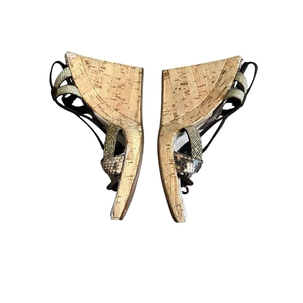 Prada Y2K Snake Print Strappy Sandals Cork Wedge Sz 38.5 Boho Contemporary